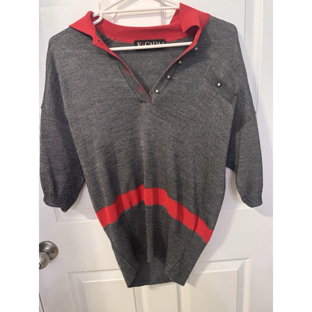 vintage escada margaretha ley Gray Red Collared Knit Sweater 42 W Germany